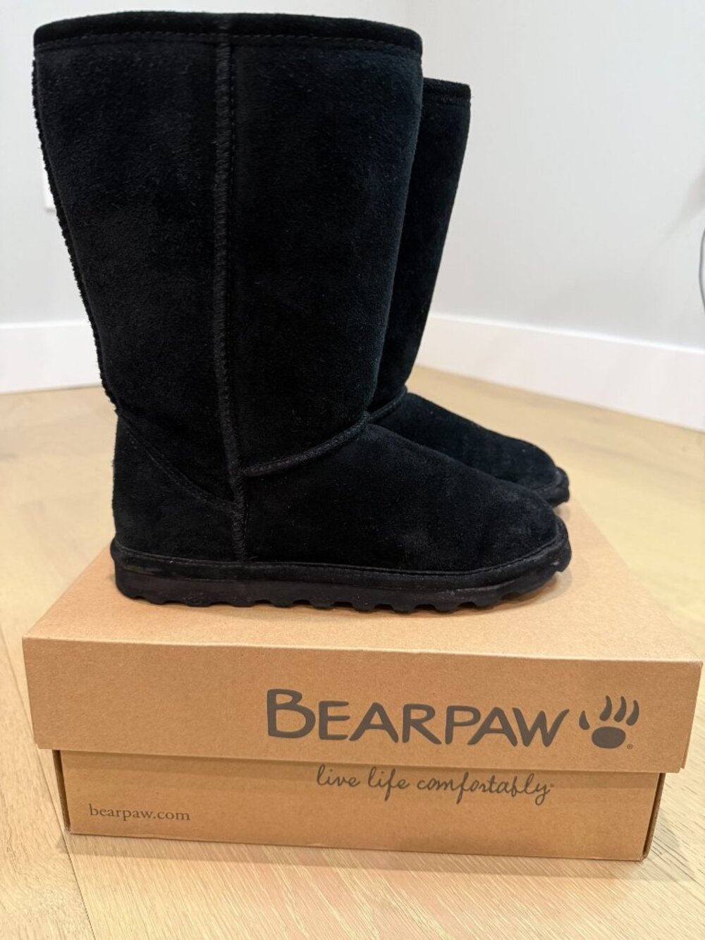 Bearpaw Elle Tall Suede Boots - Black (Size 4)- youth